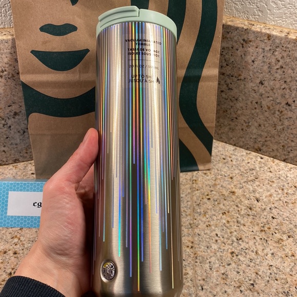 Iridescent Holographic stripes Stainless Steel Insulated Silver Mint Blue Top - Picture 2 of 10